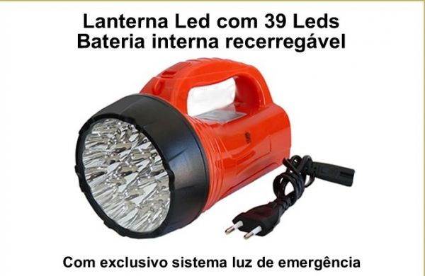 LANTERNA 39 LEDS COM FUNÇÃO LUZ DE EMERGÊNCIA RECARREGÁVEL